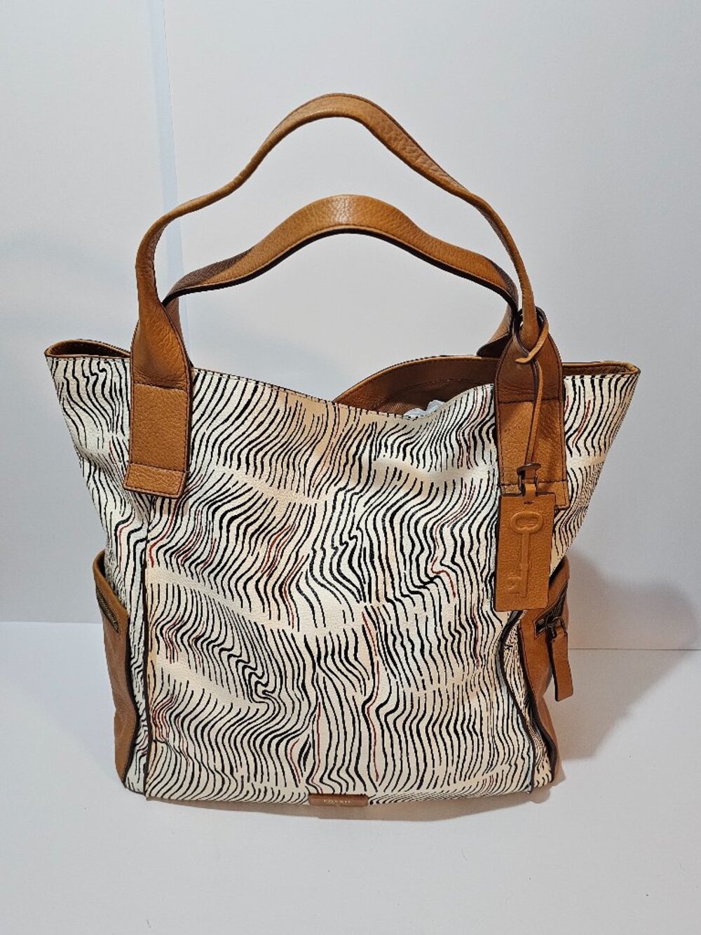 Fossil Bag Tote Leather Ripple Stripe White Camel Casual Office - Picture 13 of 13